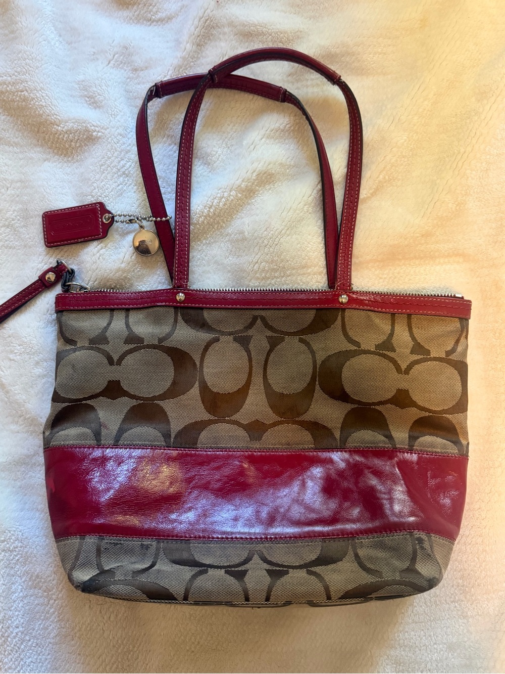 Coach Brown Signature Canvas Tote with Red Leather Trim